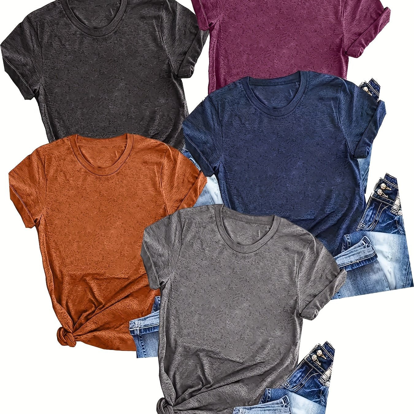 5-Pack Women's Casual Crew Neck T-Shirts, Solid Color Short Sleeve Summer Tops made from Polyester Knit Fabric with Slight Stretch