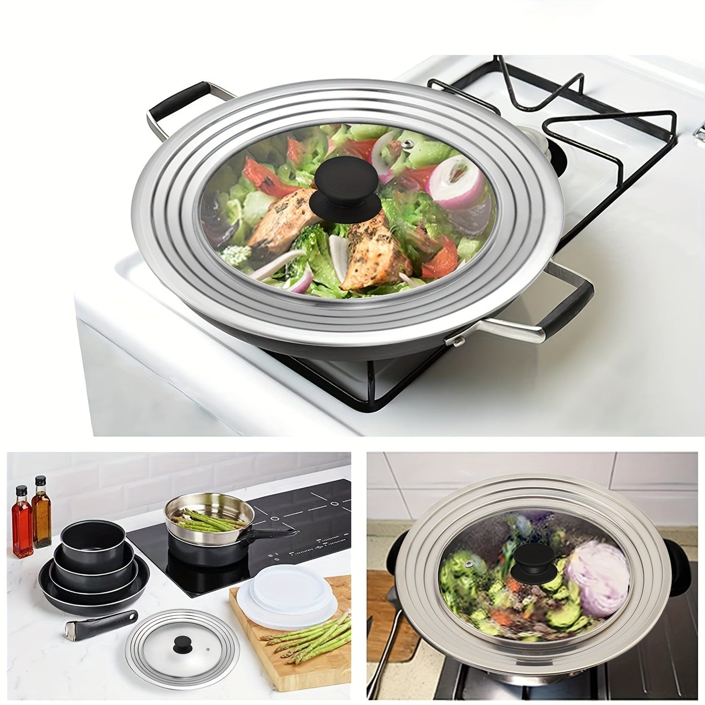 This universal lid with a tempered glass cover is designed to fit pots and pans ranging in size from 6.5 to 31.75 cm. It can be used as a replacement for large frying pan lids, cast iron lids, and as an accessory for stainless steel cookware.