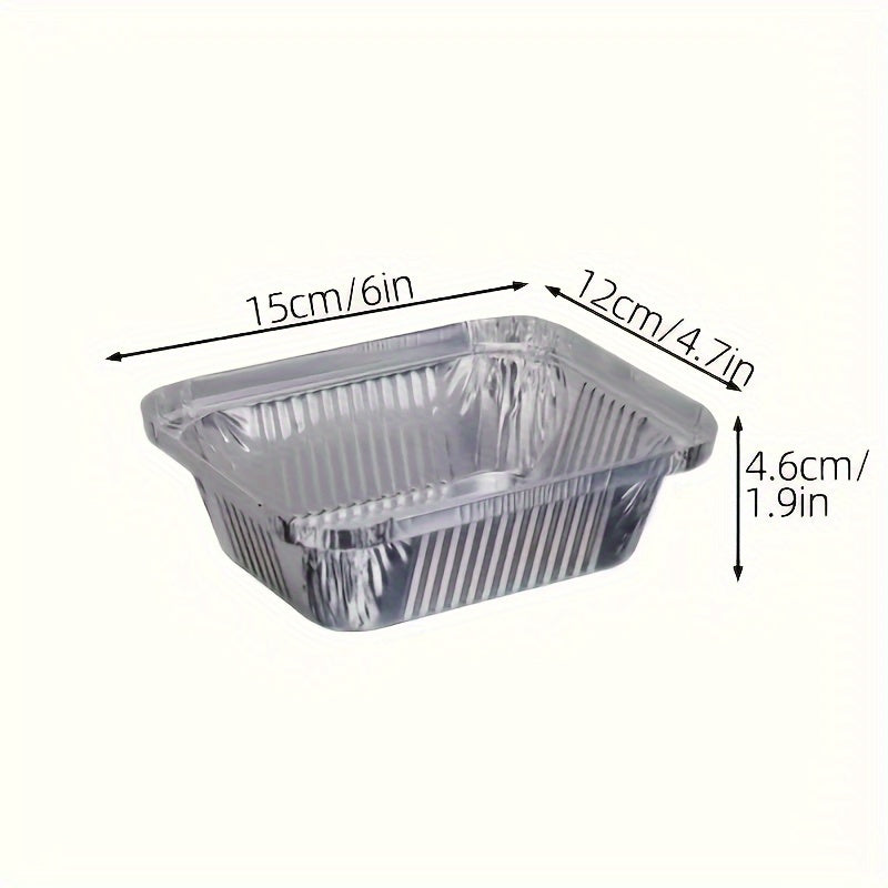 50 aluminum foil pans with lids, measuring 15.24x11.94x4.83cm. Great for pies, cheesecakes, cinnamon rolls, and more. Perfect for holidays, home kitchen, restaurant takeout, picnics, and parties.