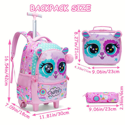 3-piece Cute Animal Rolling Backpack Set for Girls - Includes Trolley, Lunch Bag & Pencil Case - Great for School, Travel, Picnic & Camping - Ideal Gift