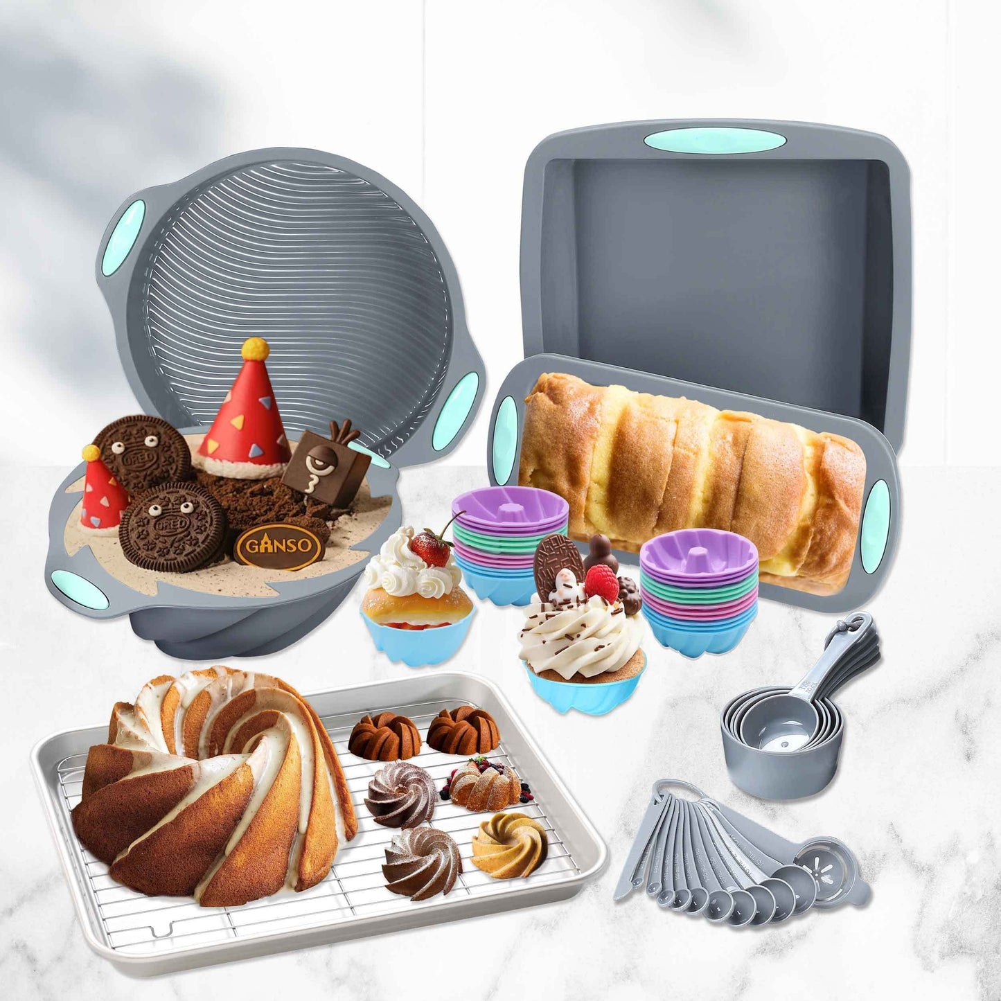 Silicone baking set includes 45 pieces, including various molds, pans, cups, and tools for the kitchen.