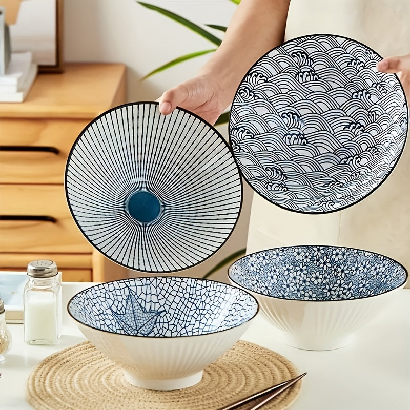 4-piece ceramic bowl set featuring blue & white patterns, ideal for soup, ramen, and pasta. Microwave safe for home, kitchen, or restaurant use. Premium and durable artistic design.