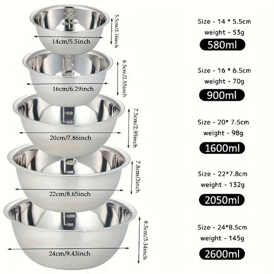 Set of 5 stainless steel mixing bowls with scales - perfect for cooking, baking, and meal prep - versatile kitchen bowls for washing and serving - complete with baking utensils