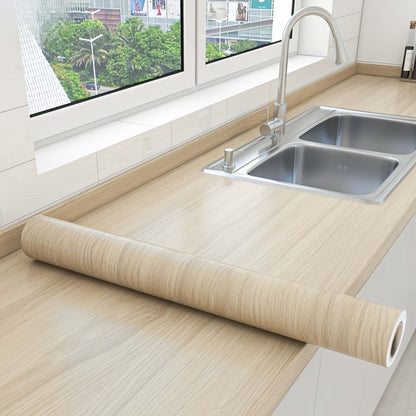 Wood grain vinyl wrap for kitchen countertops and cabinet doors, waterproof and self-adhesive. Suitable for stove tops and easy to tear off during renovation. Features character style