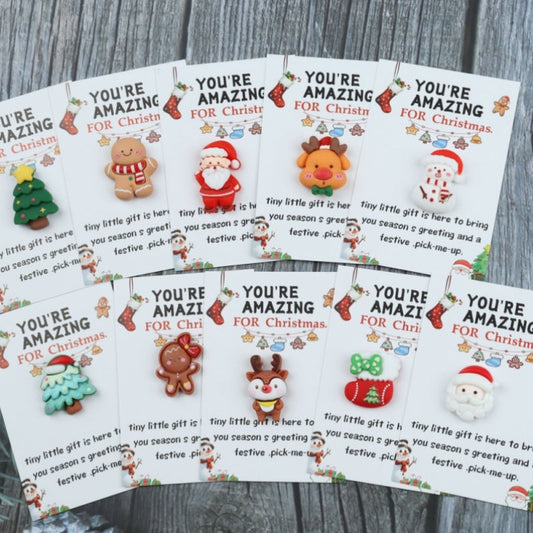 Set of 10 Mini Christmas Hug Cards featuring Resin Charms - Cheerful Encouragement Cards with Festive Designs of Santa, Stocking, Gingerbread, Snowman, and Reindeer - A Fun and Thoughtful Gift for Loved Ones