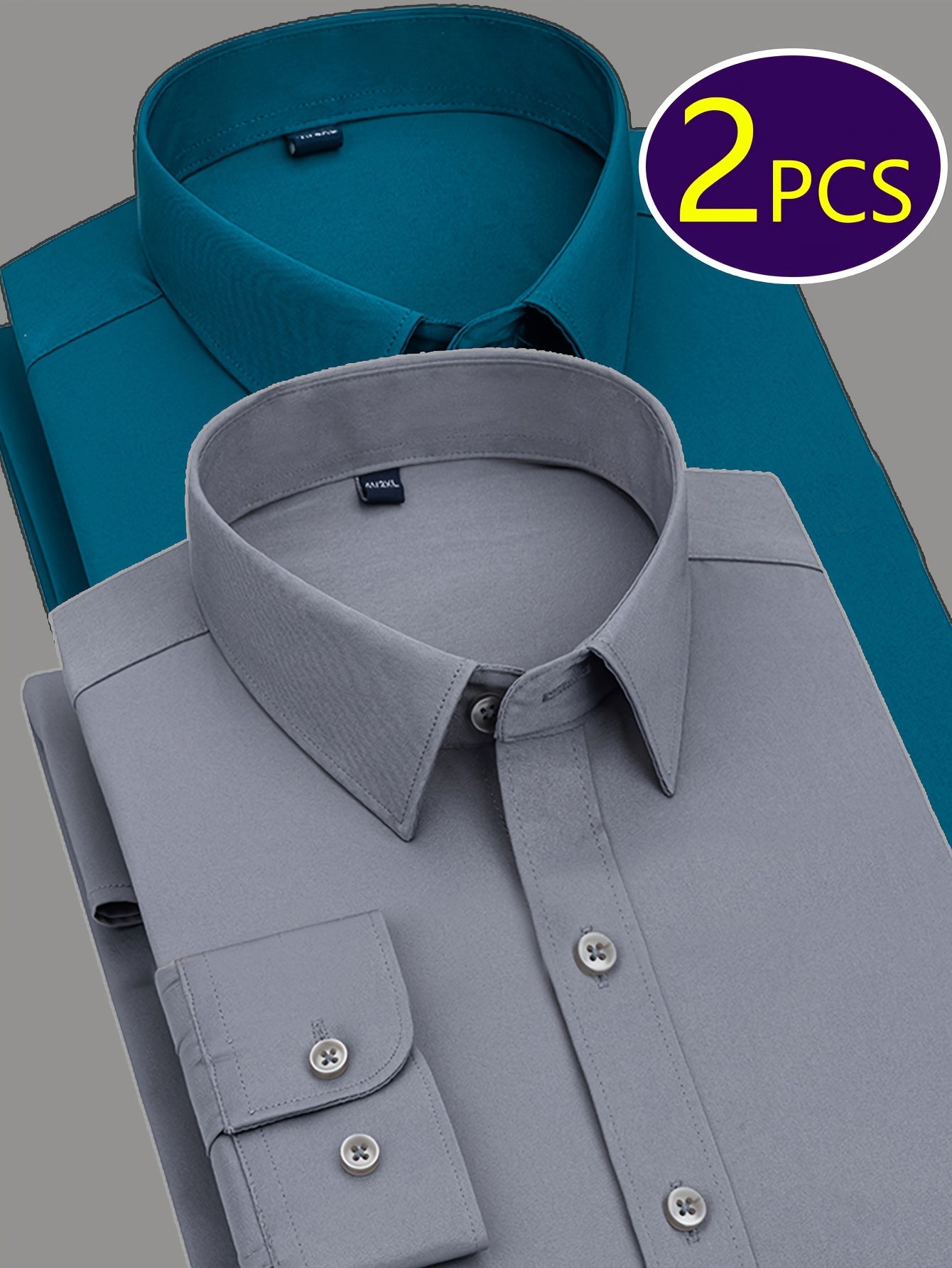 2 Men's work style polyester dress shirts in solid colors, regular fit with button details and lapel collar.