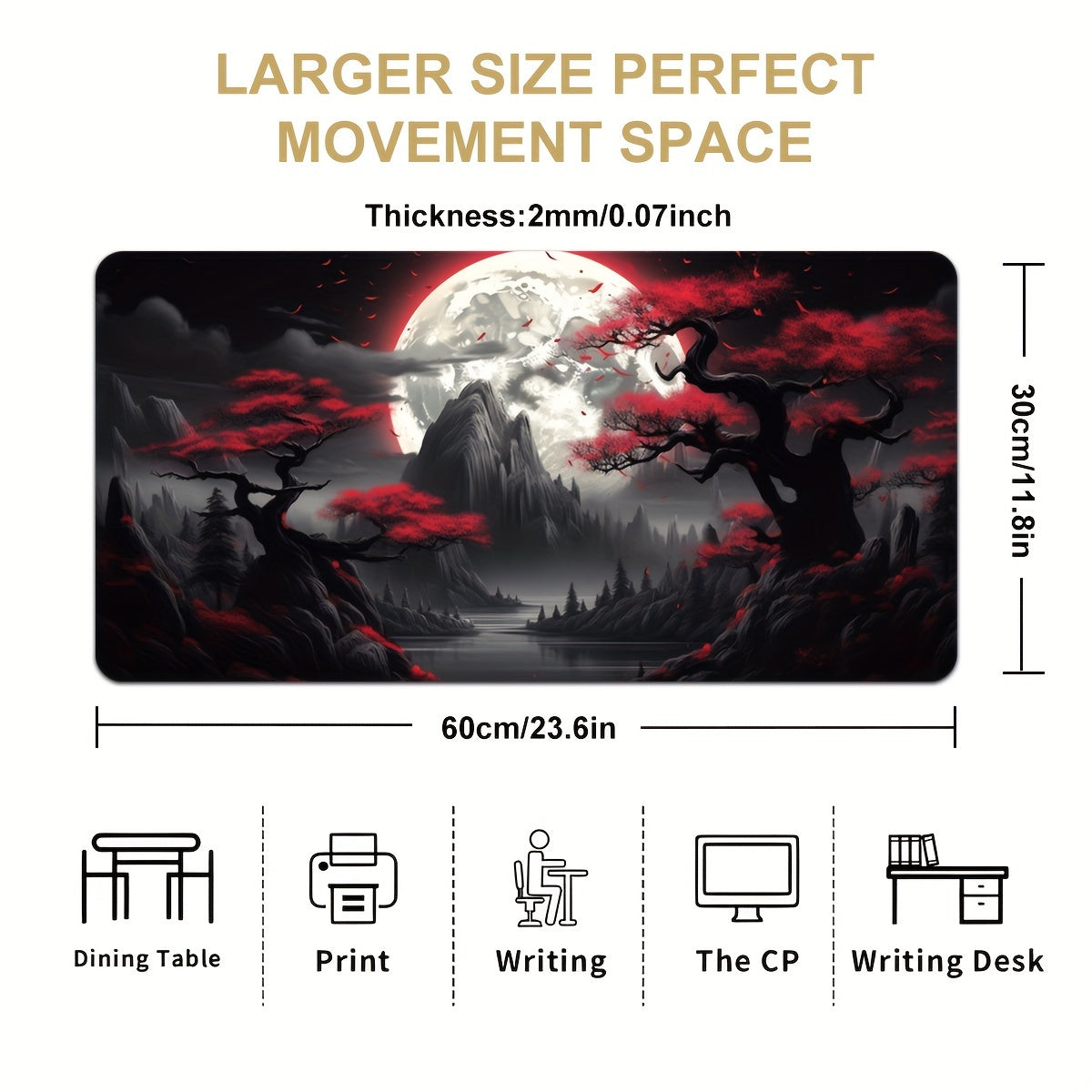 Large gaming mouse pad with dark red moon design and non-slip surface, perfect as a gift for teens or significant others.