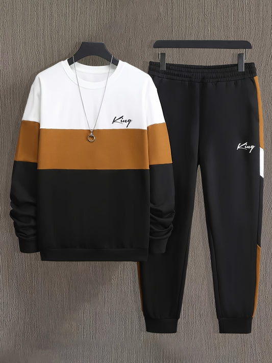 King Men's Casual 2-Piece Set: Color Block Sweatshirt & Print Joggers - Polyester Knit, Regular Fit for Spring/Fall Sports Outfits.