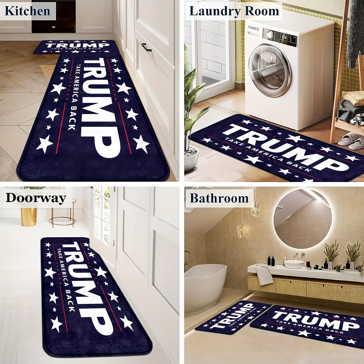 Trump Take America Back Doormat available in two sizes: 74.93cm x 44.96cm and 119.89cm x 44.96cm. Features: Machine washable, non-slip, and durable for long-lasting use.