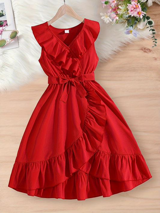 Beautiful V-neck sleeveless dress with frill trim for girls, perfect for holiday casual wear. Great summer clothing gift.