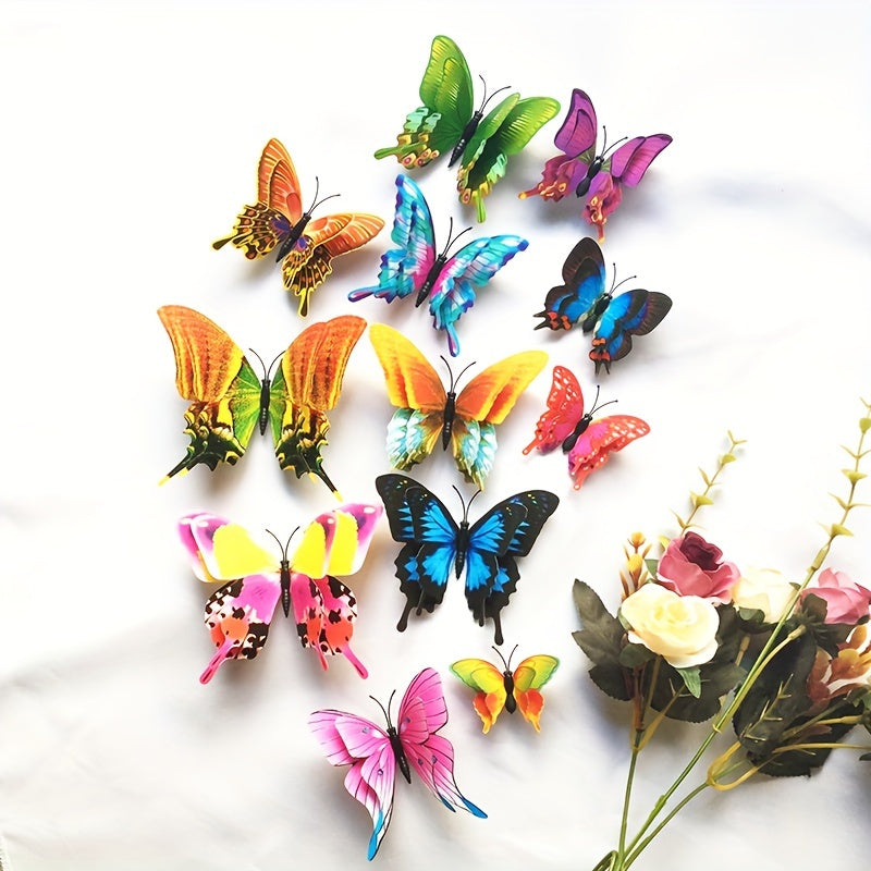 12 pieces of 3D magnetic butterfly wall stickers made of contemporary animal print PVC with a metal surface. They are self-adhesive, reusable, irregularly shaped, and have a matte finish. Suitable for home and kitchen decor.