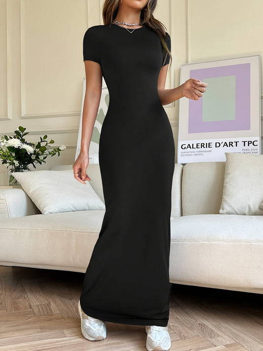 [Zarif Bodycon Maxi Kiyim] Havo o'tkazuvchi mato, yumshoq bo'yin, qisqa yeng, bir rangli, to'qilgan mato, 95% polyester, 5% spandeks. Bahor/yaz modasi uchun mukammal.