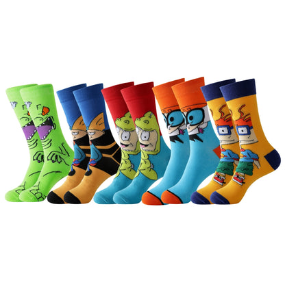 5 men's cartoon novelty crew socks - comfortable, breathable, soft & elastic for spring & summer.