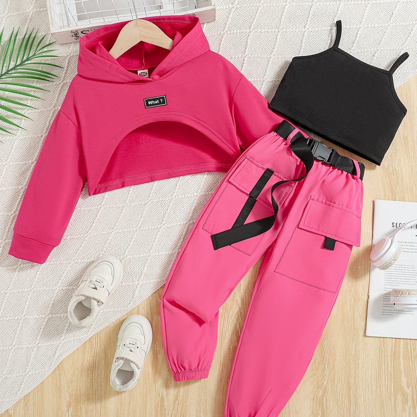 Girl's three-piece fashion set includes a short hoodie, halter top, and sporty overalls for spring and autumn wear.