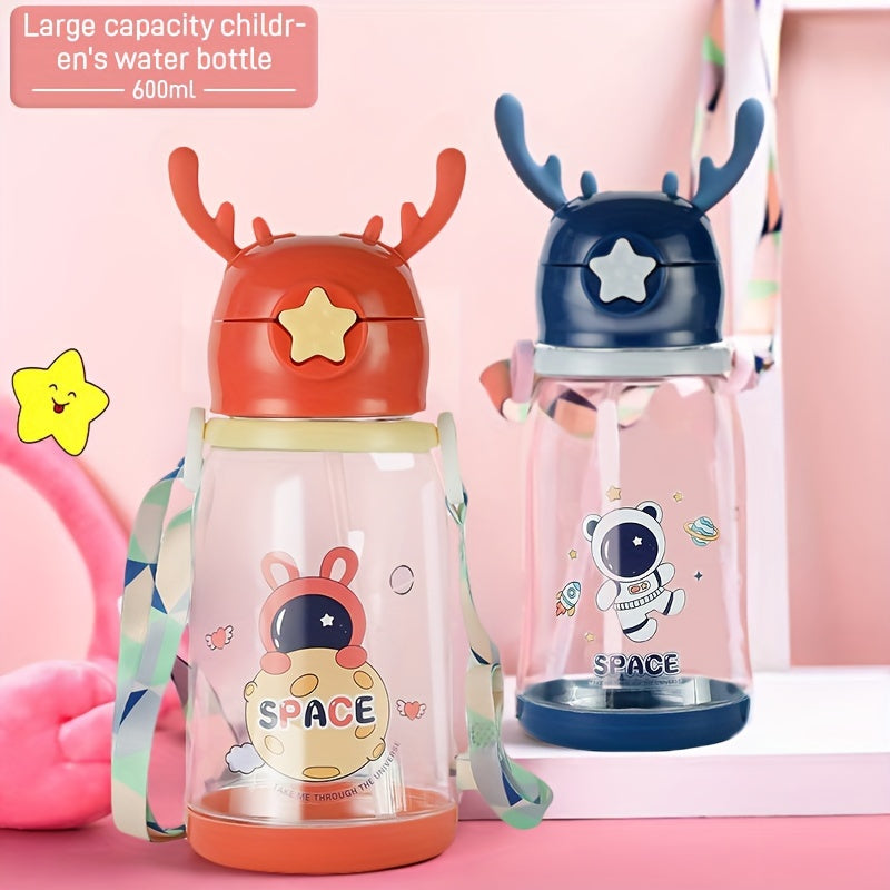 Charming 600ml Kids' Water Bottle Shaped Like Antlers with Straw - Spacious, Sturdy & Eco-Friendly, Great for Both Boys & Girls, Comes with Convenient Carry Strap - Fantastic Gift for Birthdays or Holidays