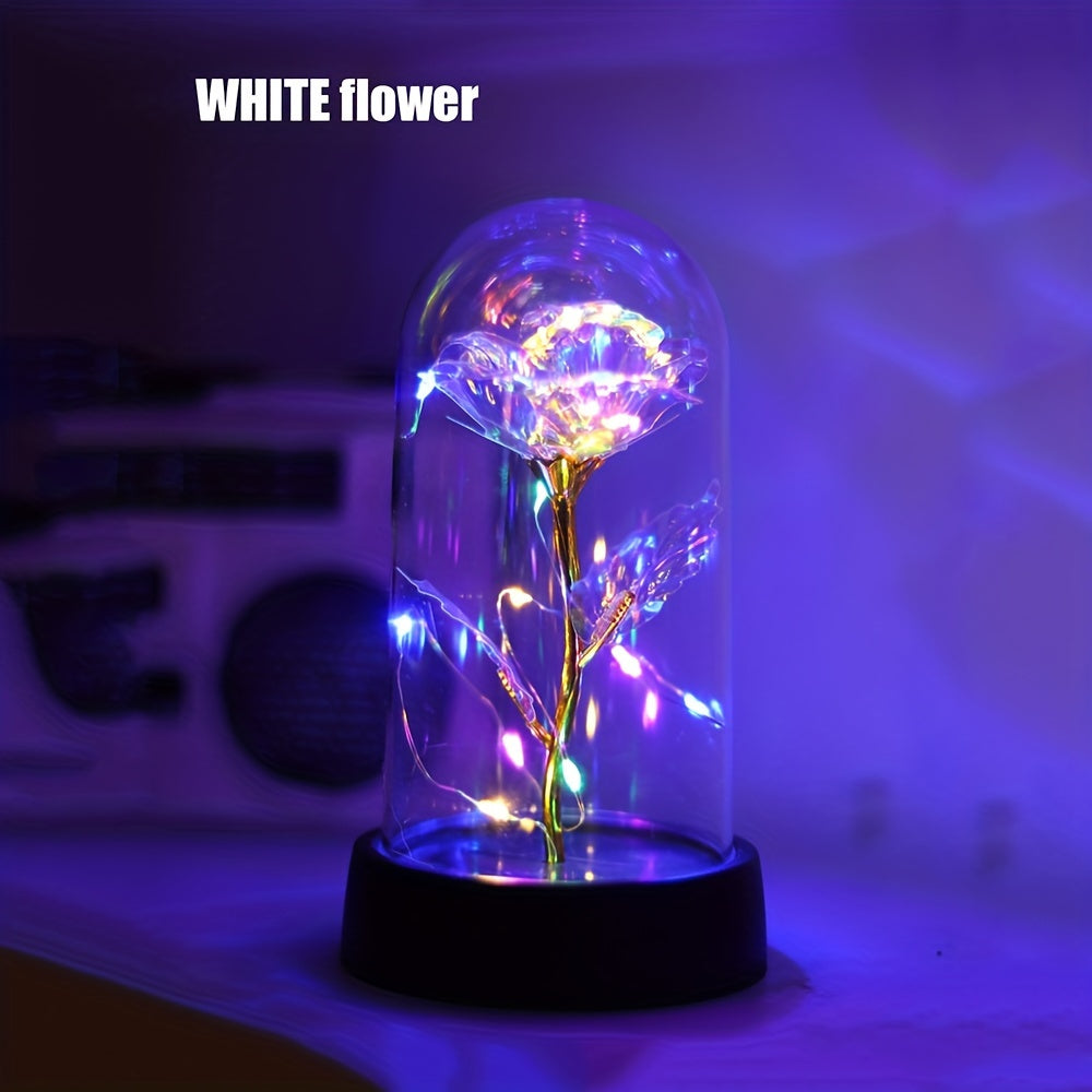 Battery-operated LED flower night light with rose pattern, plastic shade, non-rechargeable button batteries. Perfect for bedroom decor or romantic gifts.