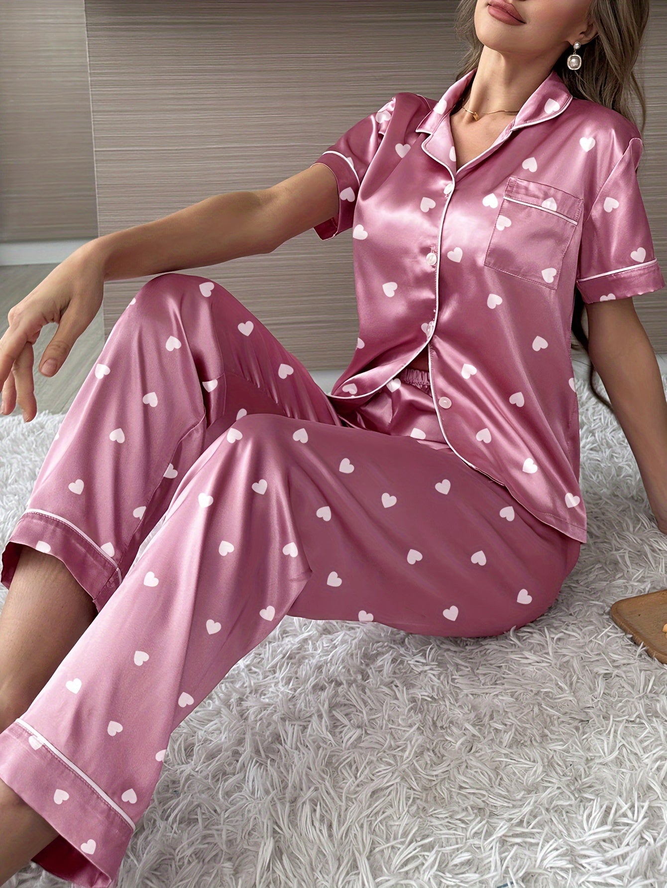 Women's Satin Pajama Set with Heart Print Top and Elastic Pants