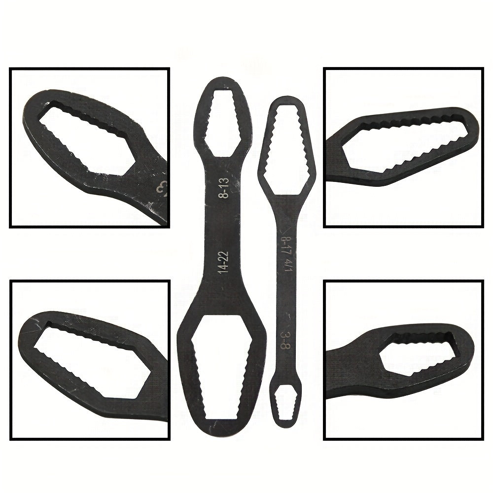 Double-ended plum wrench with 3.5mm thickness for tightening various screws and nuts. Suitable for diameters 8-22mm/3-17mm.