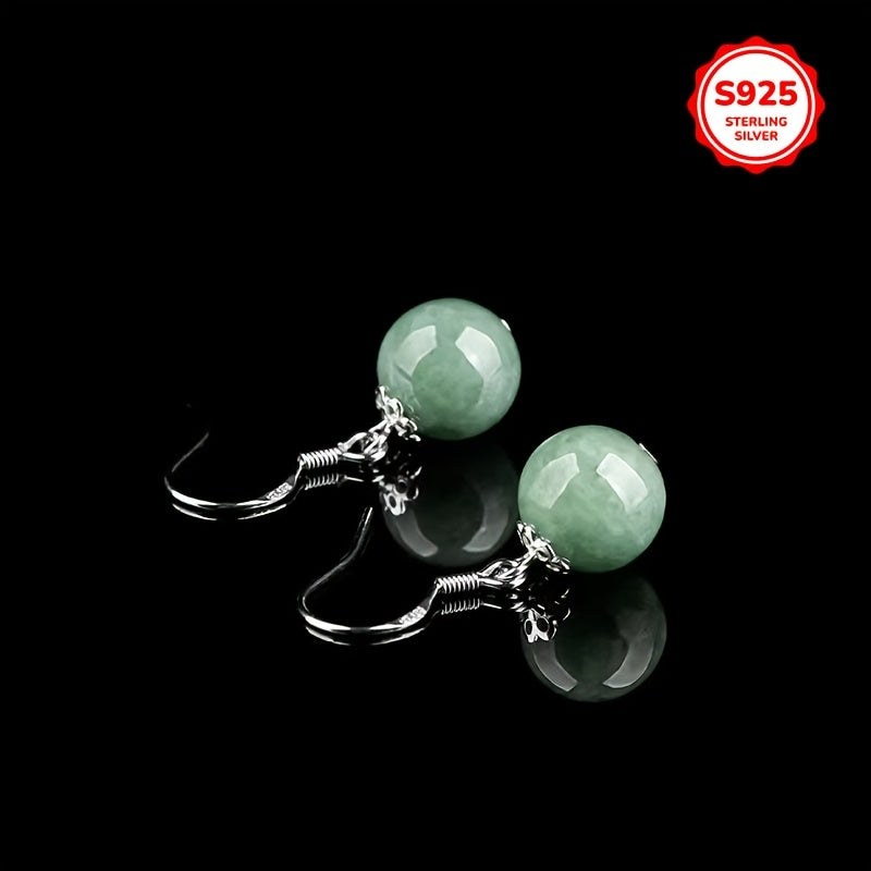 Luxurious Tribal Style Dangle Earrings with Synthetic October Birthstone Jade, S925 Sterling Silver Plated, Featuring Fashionable Imitation Jade Pendant. Perfect for Daily Wear or Gifting, Ideal accessory for Christmas Holiday Parties.