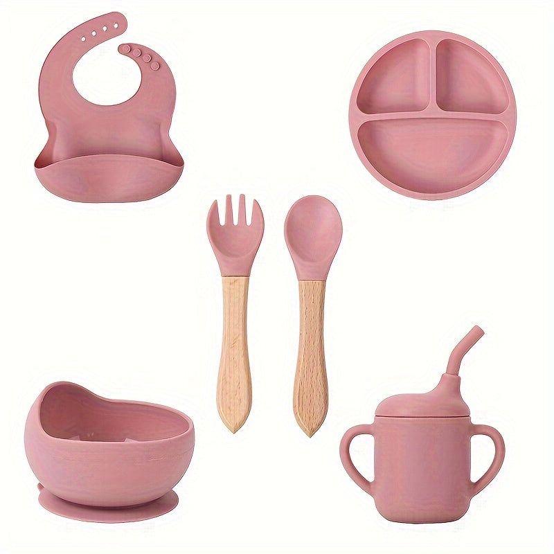 Set of 6 Silicone Feeding Items, Including Suction Bowl, Divided Plate, Self-Feeding Dish, Spoon, Fork, Sippy Cup, Adjustable Bib, and Eating Utensils for Led Weaning.