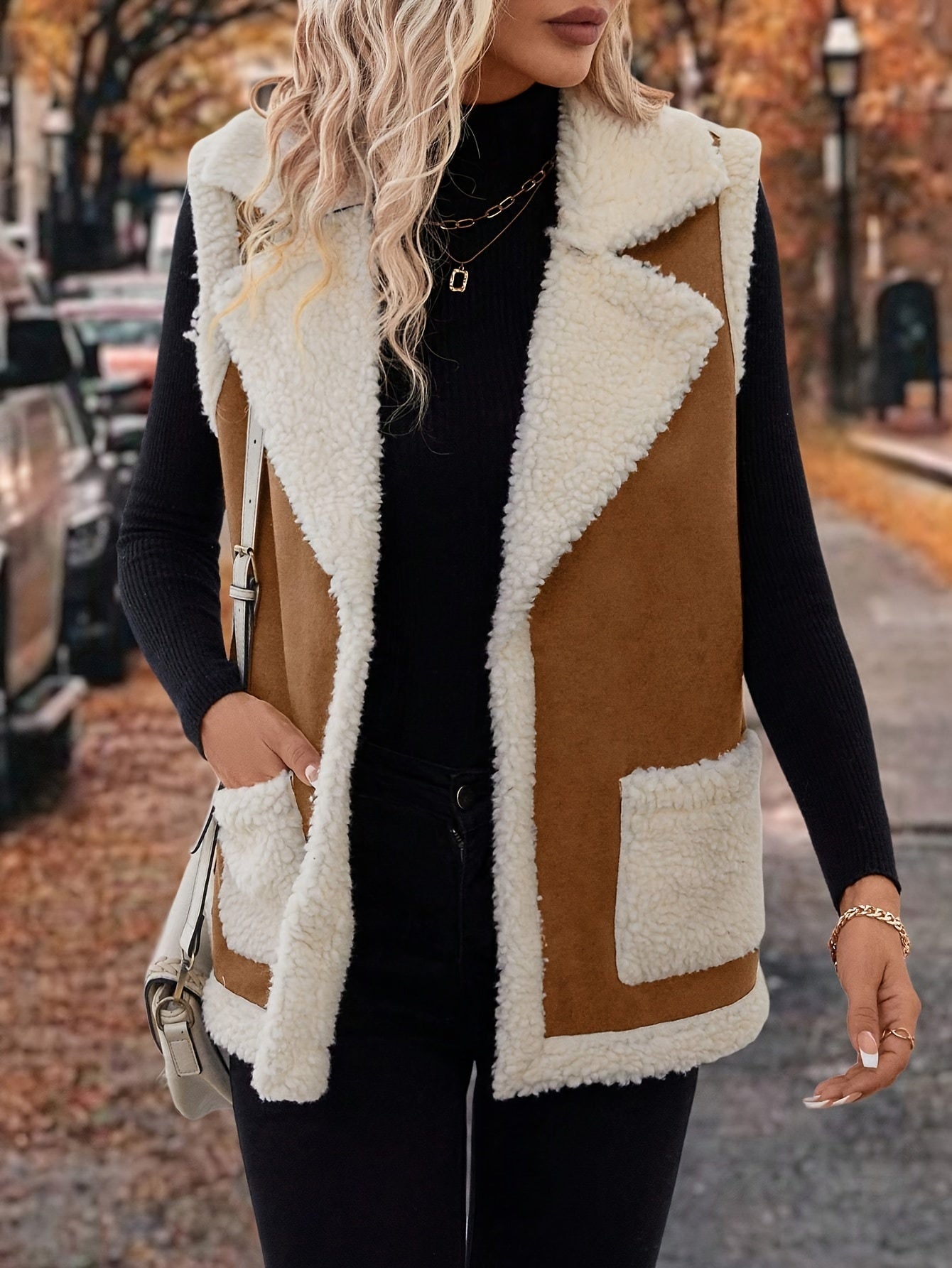 Chic solid color polyester sherpa vest with pockets and lapel collar for all-season warmth.