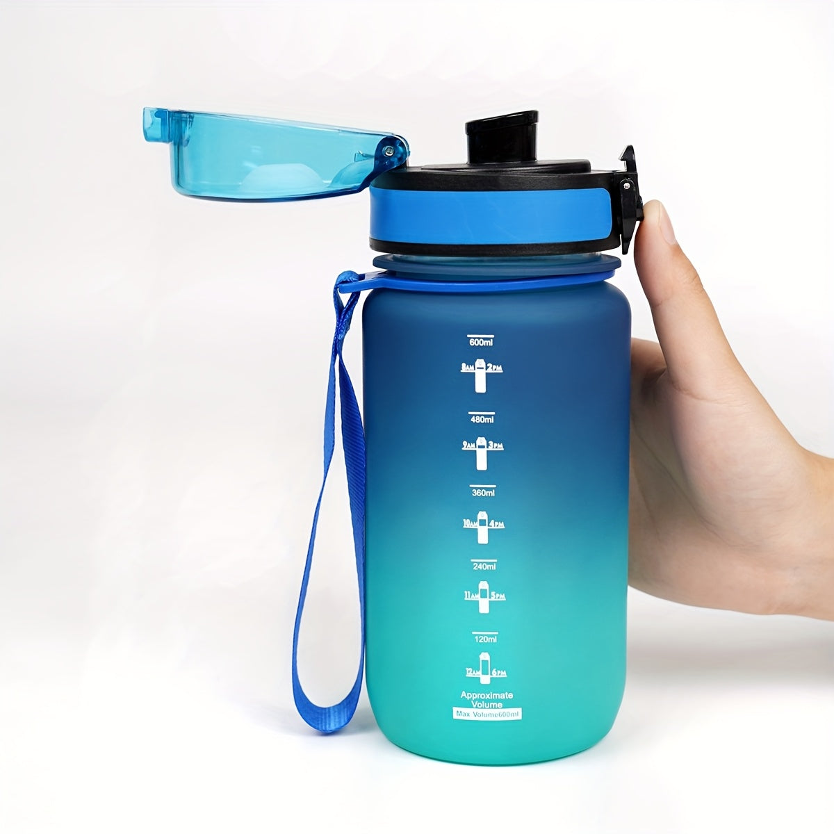 Outdoor sports water bottle with braided carrying rope and cup cover, portable, leakproof, time-volume mark, suitable for outdoor sports.