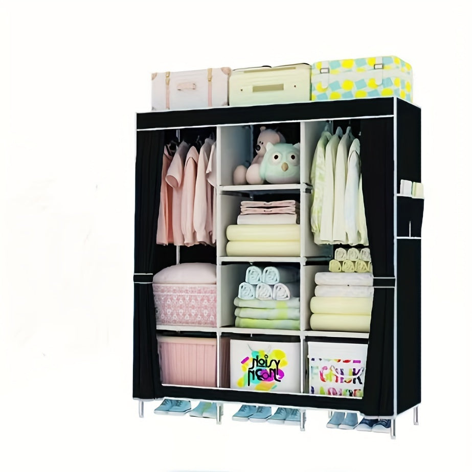 The Elegant Cloth Wardrobe features a durable steel frame, dustproof design, and foldable closet cabinet for storing clothes, pillows, and quilts. Effortlessly organize and store your items with this stylish and sturdy home storage solution.