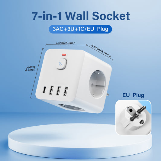 Multi-functional power socket extender with USB - wall adapter with 4 USB ports (1 USB-C) and 3 AC outlets, ideal for home, office, and travel. Comes in black or white.