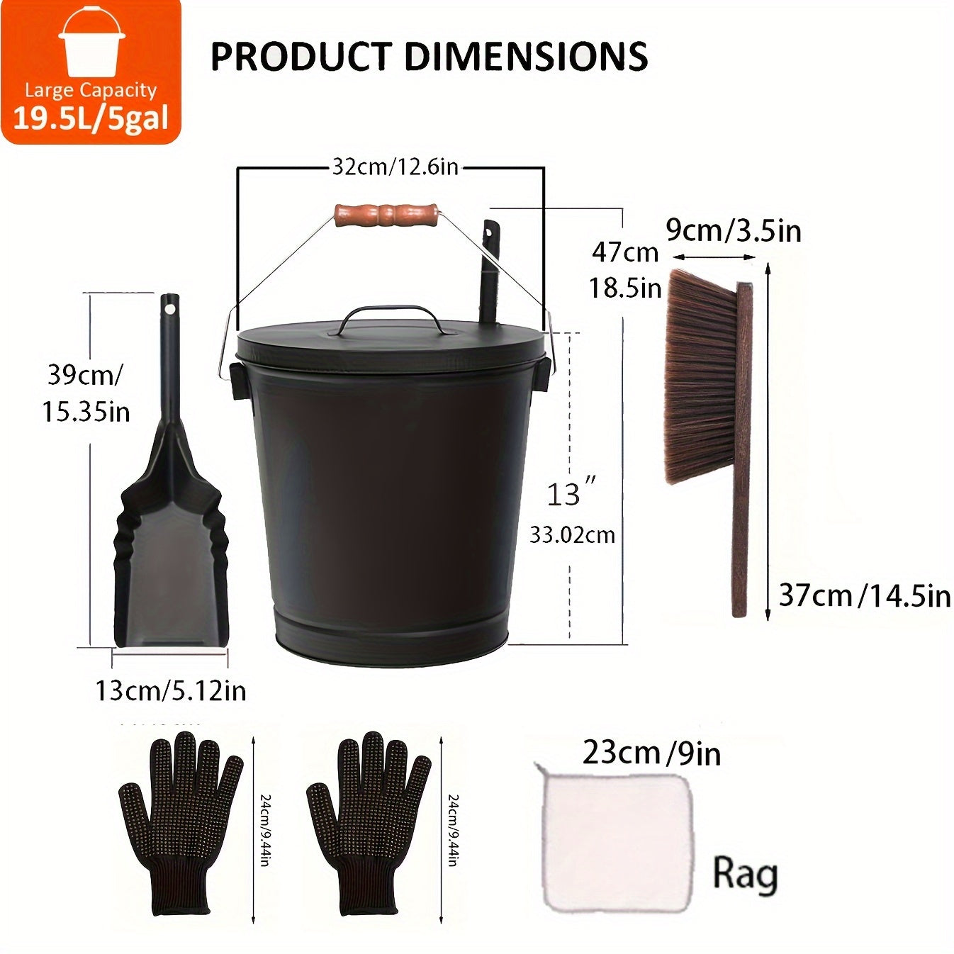 19.49 Litre Galvanized Metal Ash Bucket Set - Includes Lid, Shovel, Gloves, Cloths, and Dust Brush - Ideal for Keeping Warm in Winter Fire Pits and Fireplaces