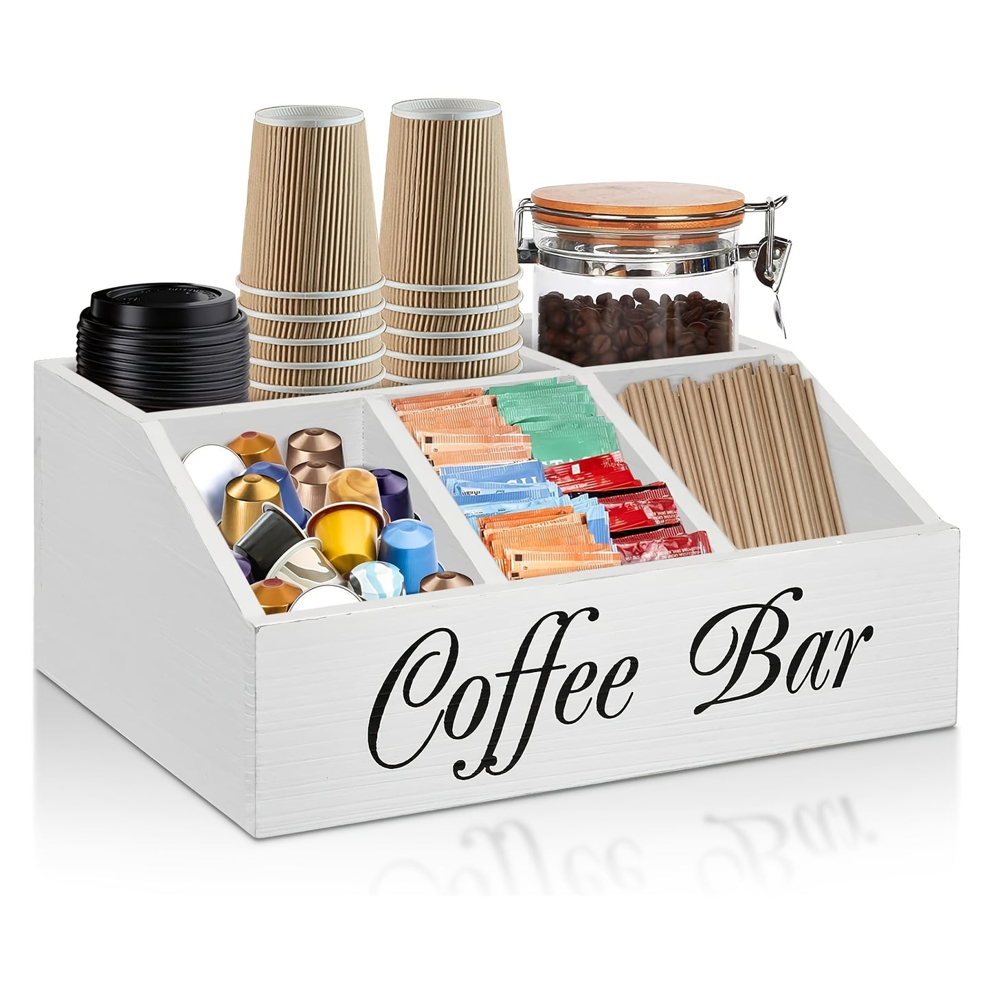 Wooden coffee station organizer for coffee and tea condiments, pods, and accessories; perfect for home organization and decor.