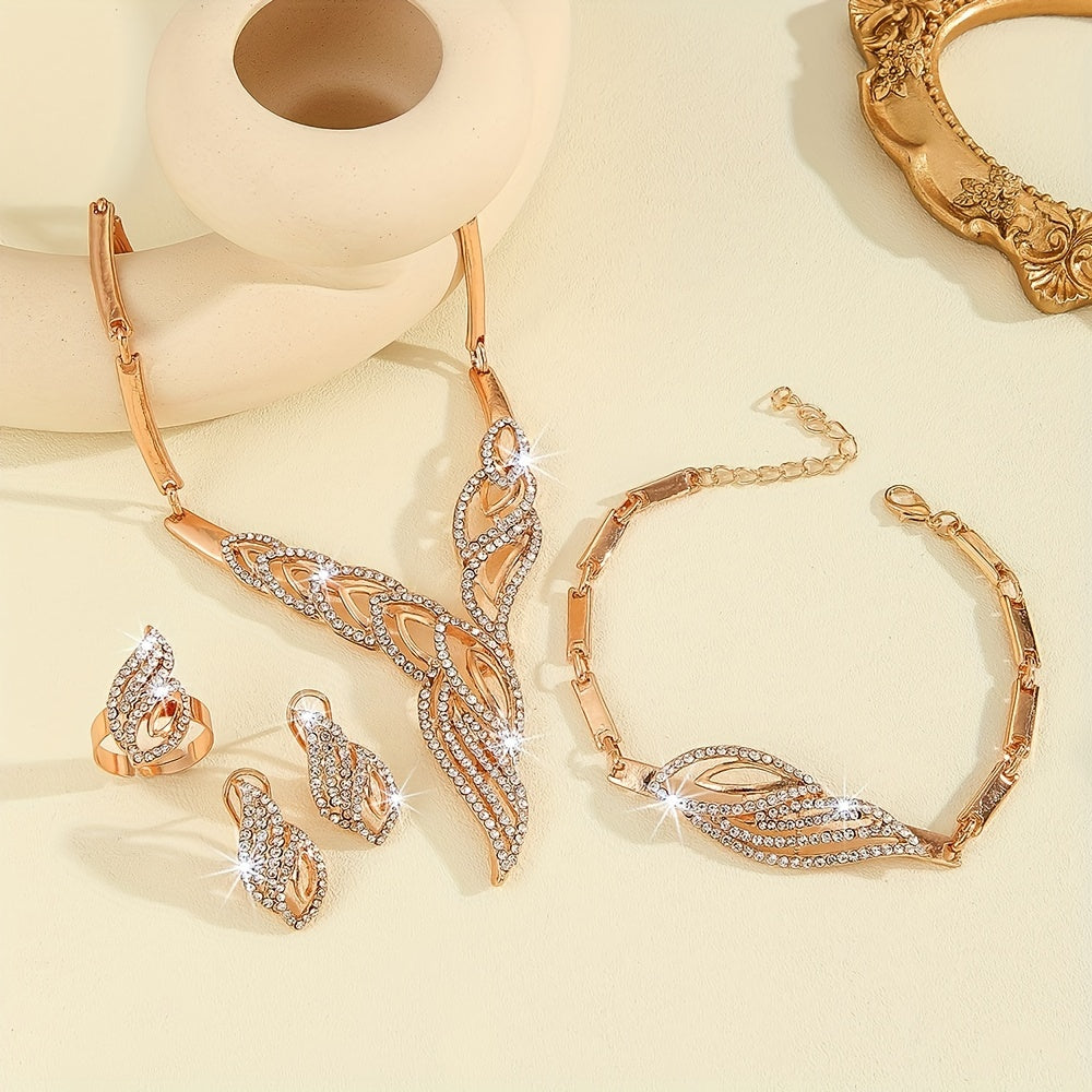 Beautiful and elegant jewelry set includes earrings, necklace, bracelet, and ring, all plated with 14k gold and adorned with sparkling rhinestones. Perfect for adding a touch of luxury to any party outfit.