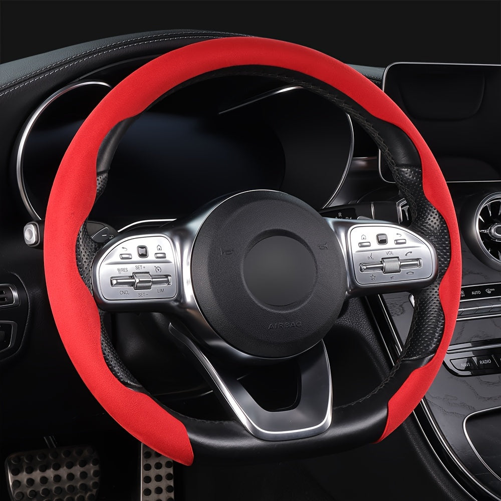 Non-slip, universal steering wheel cover with sweat-absorbing buckle for cars.