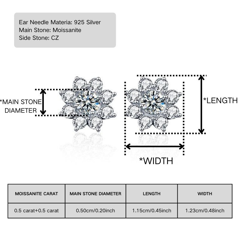 Capture the beauty with our Sunflower Moissanite Stud Earrings. Available in 0.5/1/2/3 Carat Flower Shape design, crafted with 925 Silvery. Makes a perfect Valentine's Day Gift, comes with a Gift Box. Weighing 3.1/4.2/6/6.6g, adorned with shimmering