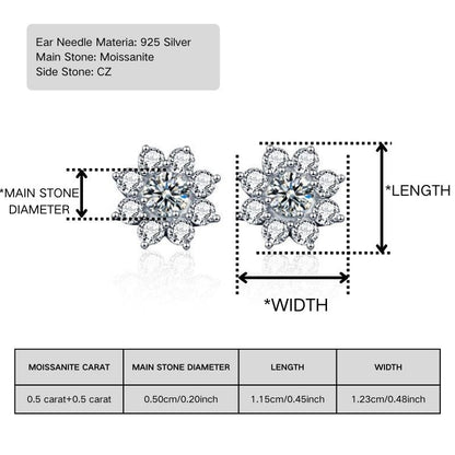 These Sunflower Moissanite Stud Earrings come in sizes of 0.5/1/2/3 Carat with a charming Flower Shape Simple Design. Crafted from 925 Silvery, these earrings make a perfect Valentine's Day Gift and come in a Box. Available in Multiple Sizes, weighing