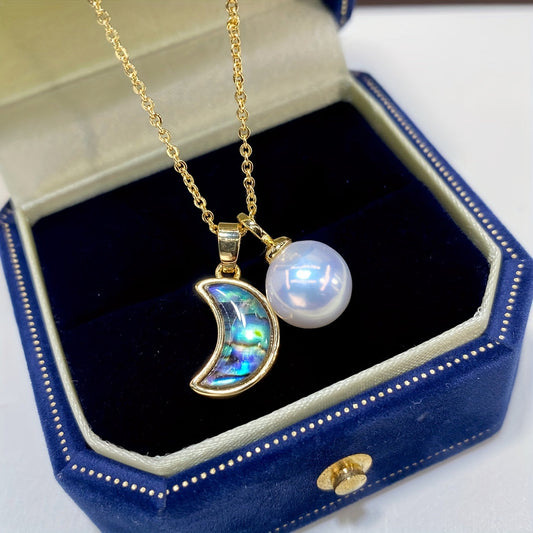 Stylish Abalone & Mother-Of-Pearl Moon Necklace Featuring Genuine Edison Pearl Pendant - Exquisite Craftsmanship, High-End Materials Perfect for Girlfriend, Mother, Friends - Great for Daily Wear & Birthday Presents.