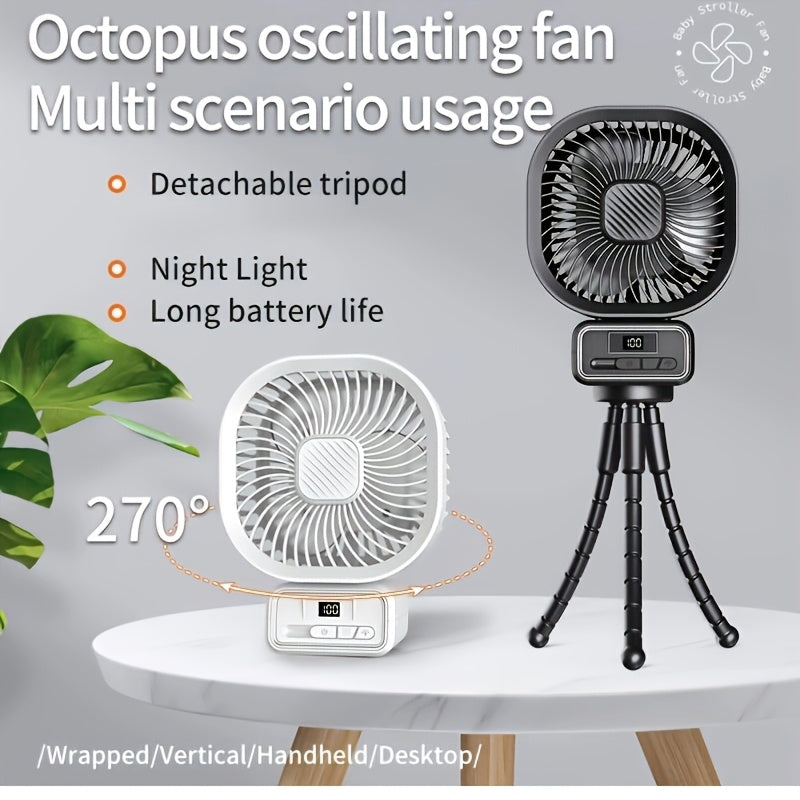 Stay cool with the YAIAWISU Portable Desktop Fan featuring a tripod stand for easy placement, USB rechargeable 5000mAh battery, 3-speed settings, LED display and lighting, and a compact design. Perfect for use indoors or outdoors during the summer