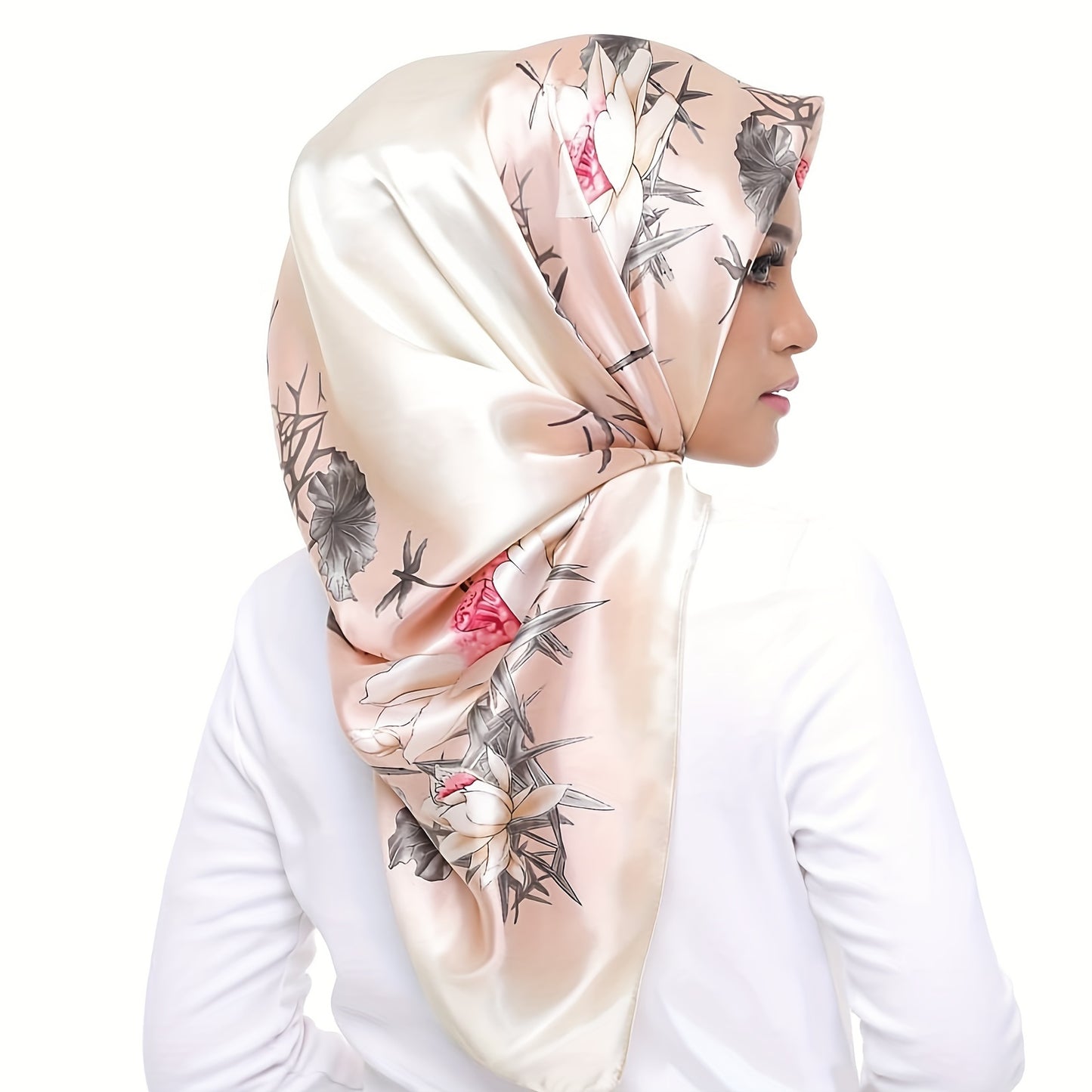 Chic Teal Polyester Square Scarf with Pink & White Floral Print - 89.92cm, Lightweight and Stylish, Ideal for Outdoor Use and Sun Protection.