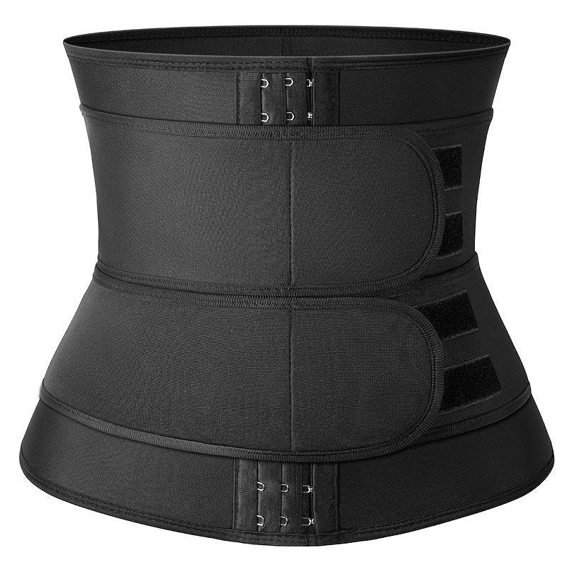 Men's neoprene waist trainer with tummy sheath, sauna body shaper belt, medium stretch, solid color, sports style, includes belt.