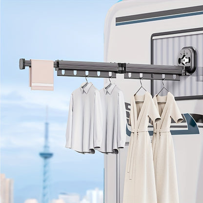 1pc Expandable Metal Clothes Drying Rack with Suction Cups, Foldable and Detachable Wall-Mounted Laundry Hanger, Telescopic Pole for Home or Outdoor Use.