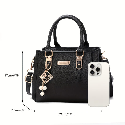 Women's Fashion Black Imitation Handbag with Lattice Pattern, Spacious and Multifunctional, Adjustable Shoulder Strap, Zipper Closure, Ideal for Daily Commuting, Light Luxury Style