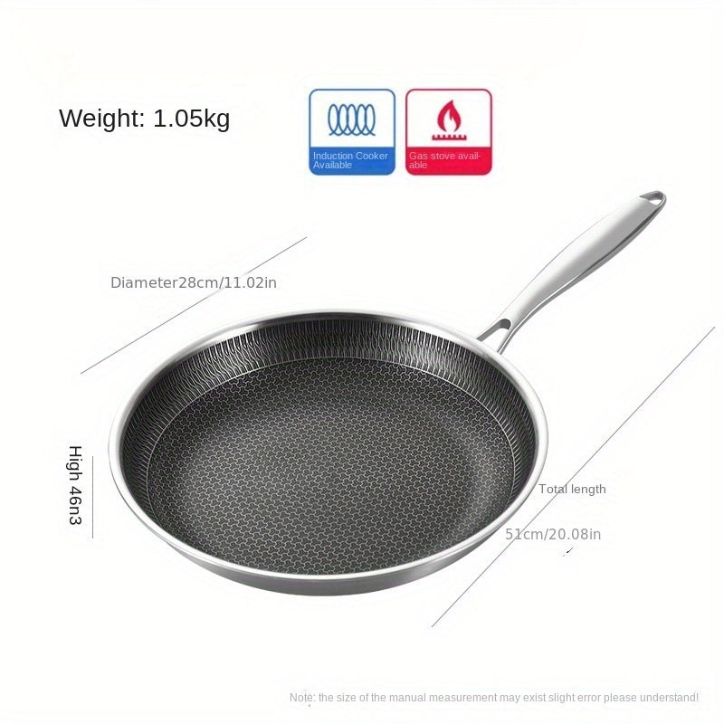 This skillet is made of top-quality 304 stainless steel and features a triple-layer, thickened, non-stick honeycomb design, perfect for cooking eggs and steaks with ease. It is ideal for both home kitchen and restaurant use.