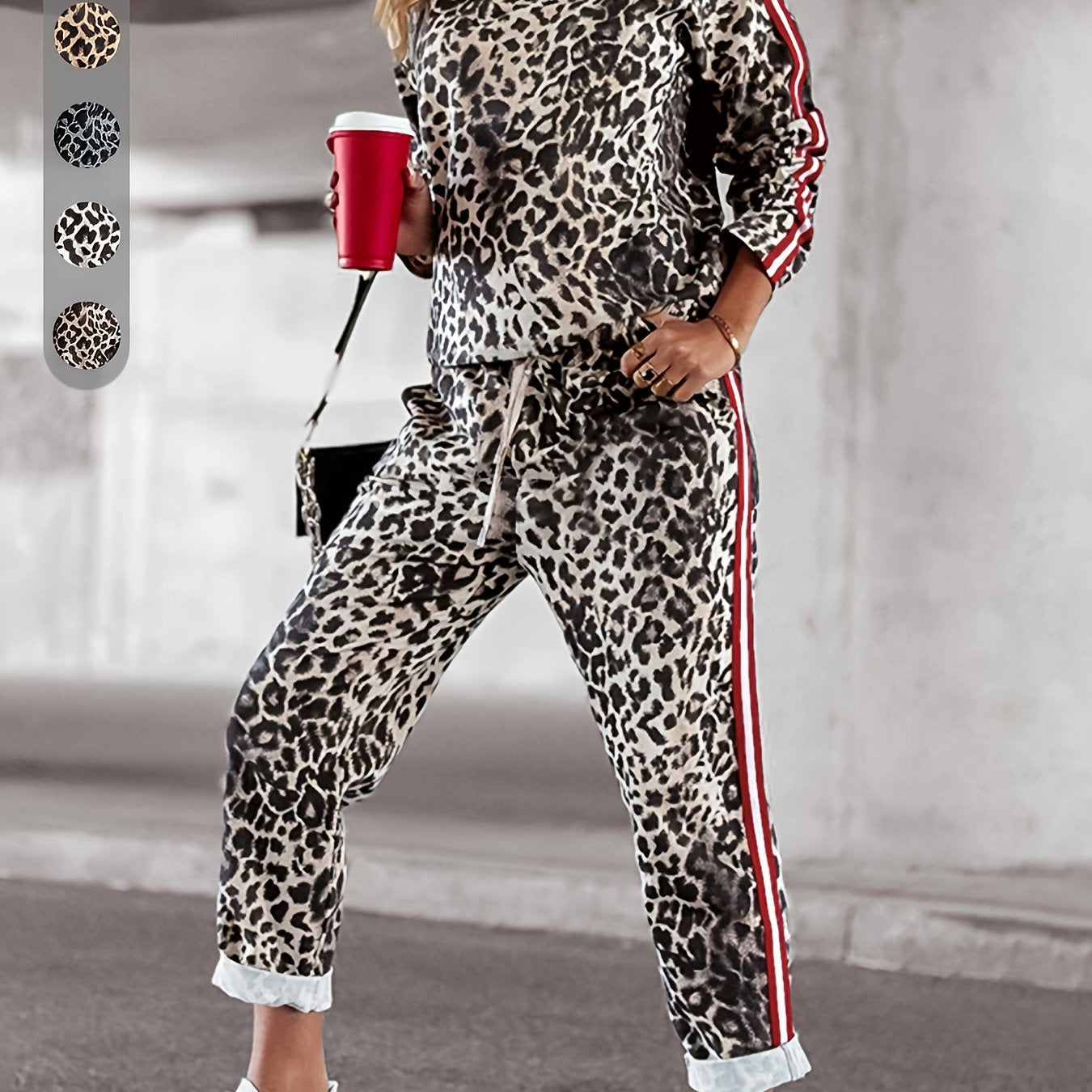 Women's two-piece set for spring and autumn, featuring a soft and comfortable long sleeve top and pants with a loose fit and stylish leopard print. Ideal for commuting with added pockets.