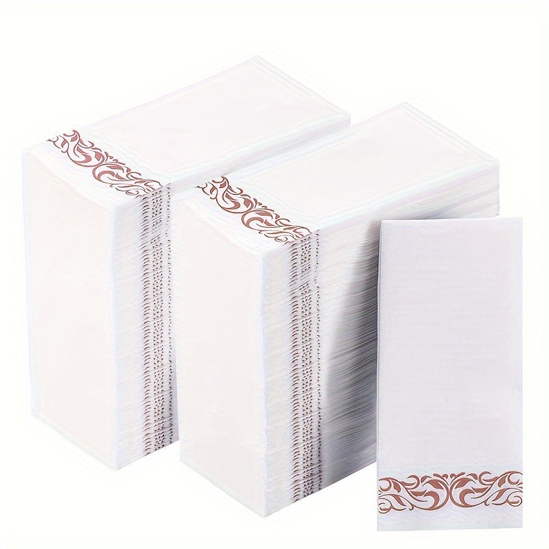 A pack of 150 disposable guest towels featuring a linen-like design, perfect for the kitchen, parties, weddings, banquets, or as decorative hand towels in bathrooms. Each box contains 3 packs, with 50 towels in each pack, for a total of 150 towels.