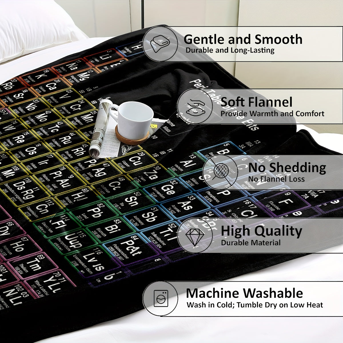 Stay cozy and learn with our Chemistry Periodic Table of Elements Fleece Blanket! This colorful and educational design is perfect for students and teachers alike. Whether you're snuggling up for a nap in the office or using it as a study aid, this