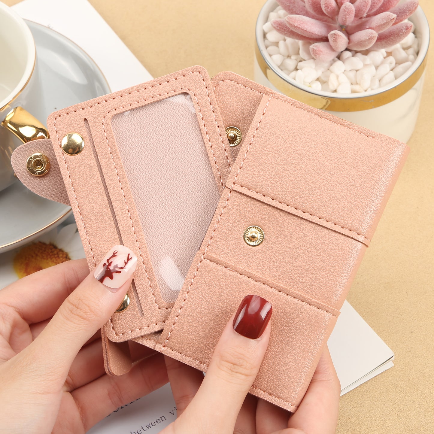 Foldable, stylish short wallet for women with multiple zippers, clasps, and card slots, ideal for coins, change, credit cards, and ID cards.