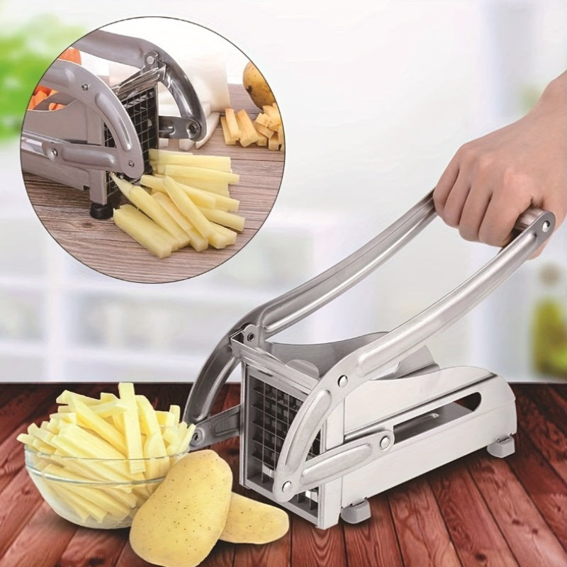 Introducing the InBrave Stainless Steel Fruit & Vegetable Cutter - a versatile kitchen gadget perfect for slicing french fries, chopping potatoes, and dicing onions. This durable tool features anti-slip feet for stability and is made with food-grade