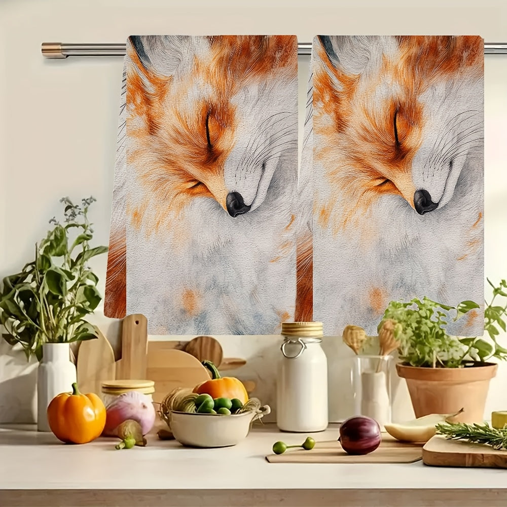 Set of 2 Ultra Soft Kitchen Towels Featuring a Charming Red Fox Design - Super Absorbent, Easy to Clean Dish Hand Towels, Dimensions 40.64x60.96 cm - Ideal for Adding a Festive Touch to Your Kitchen Decor, Perfect for Daily Use