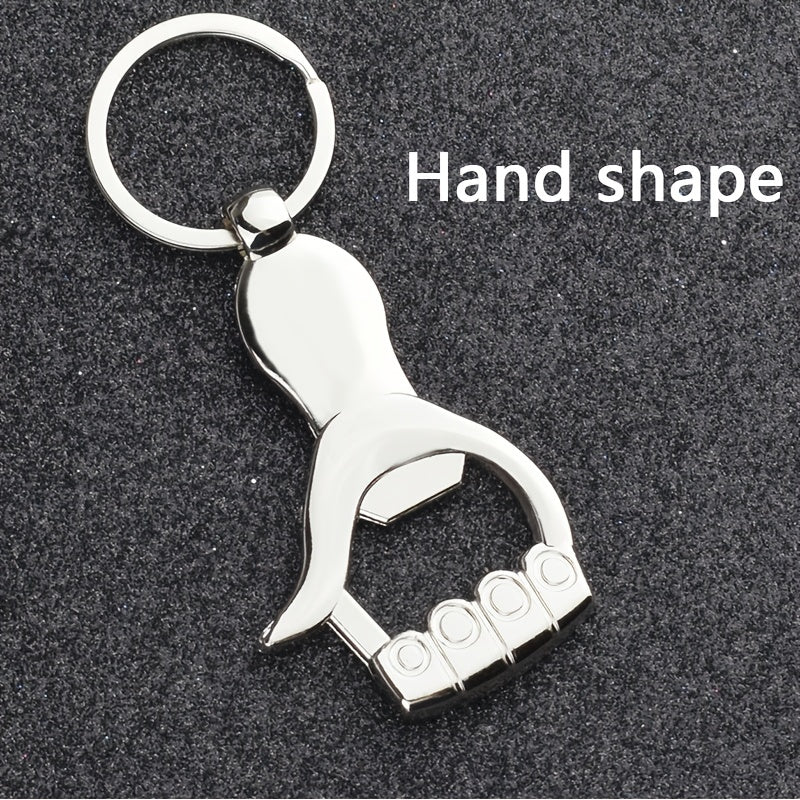 Multifunctional palm-shaped metal keychain bottle opener requires no power, suitable for kitchen and dining decor.