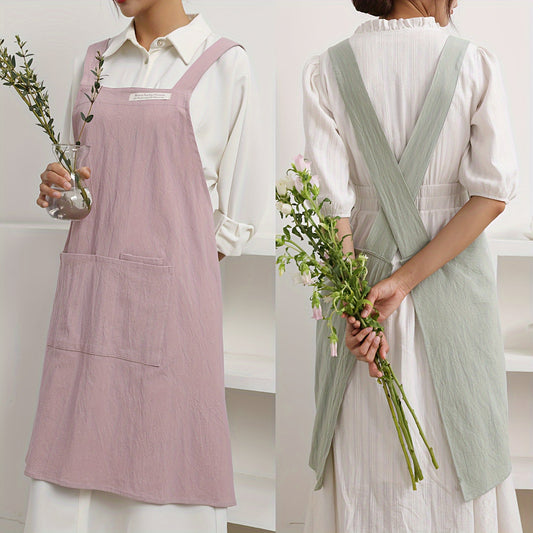 1 linen apron with cross straps and pockets for use in gardening, cooking, baking, painting, barista work, and other tasks.