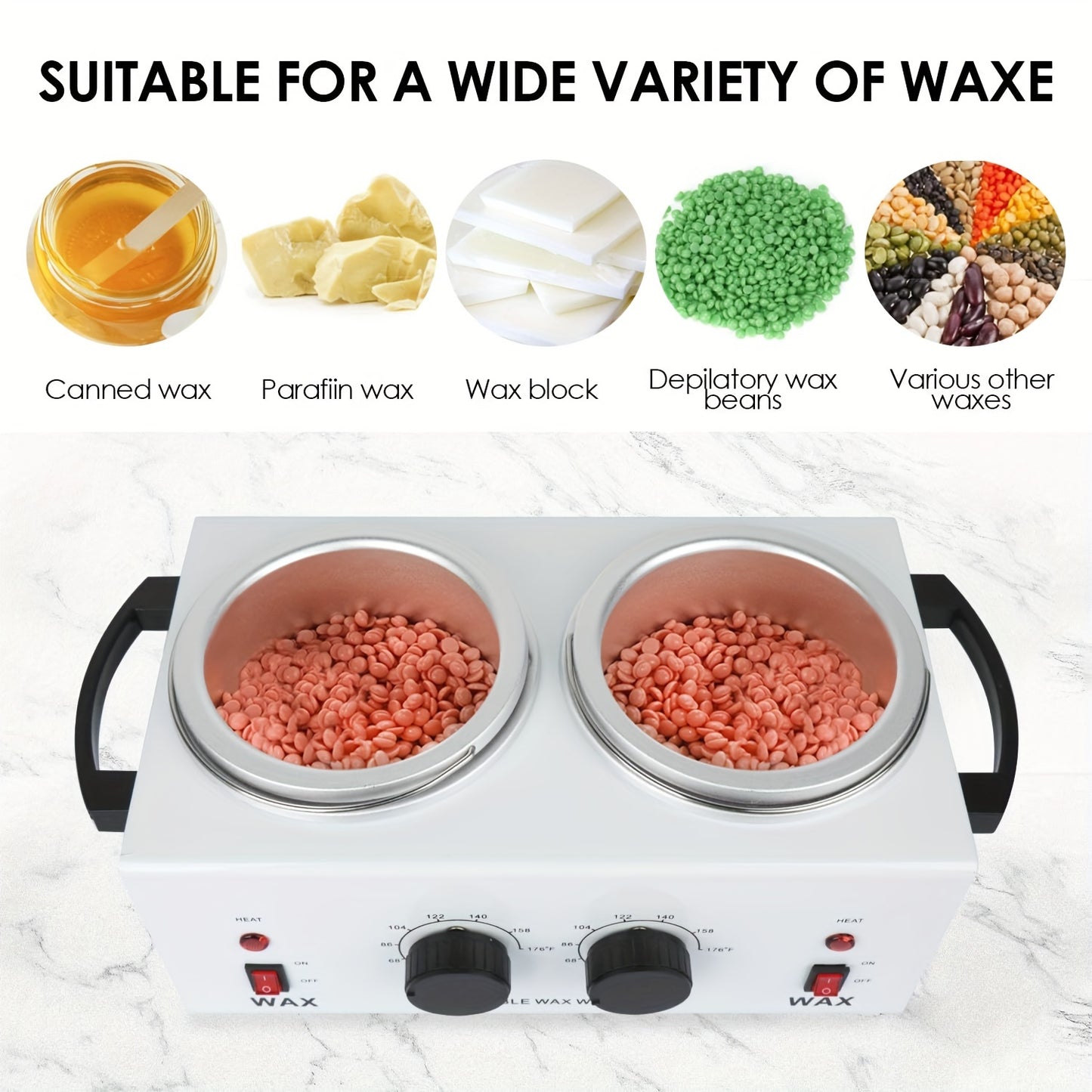 Dual waxing machine with adjustable temperature for professional hair removal in salons.